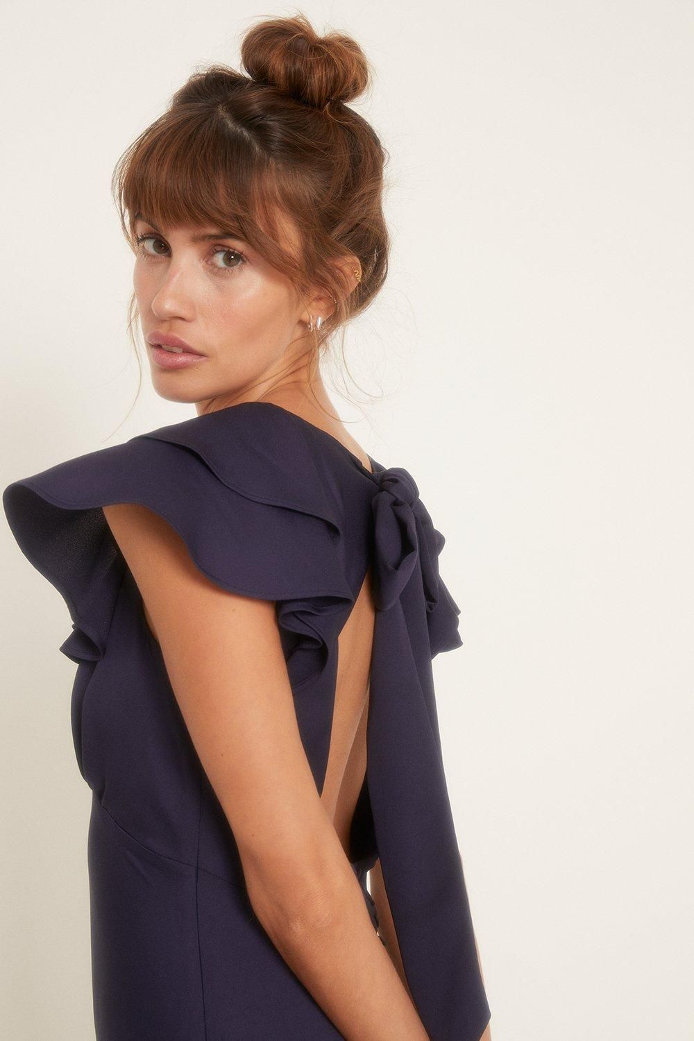 Oasis Frill V Neck Satin Bias Midaxi Dress Navy image 2