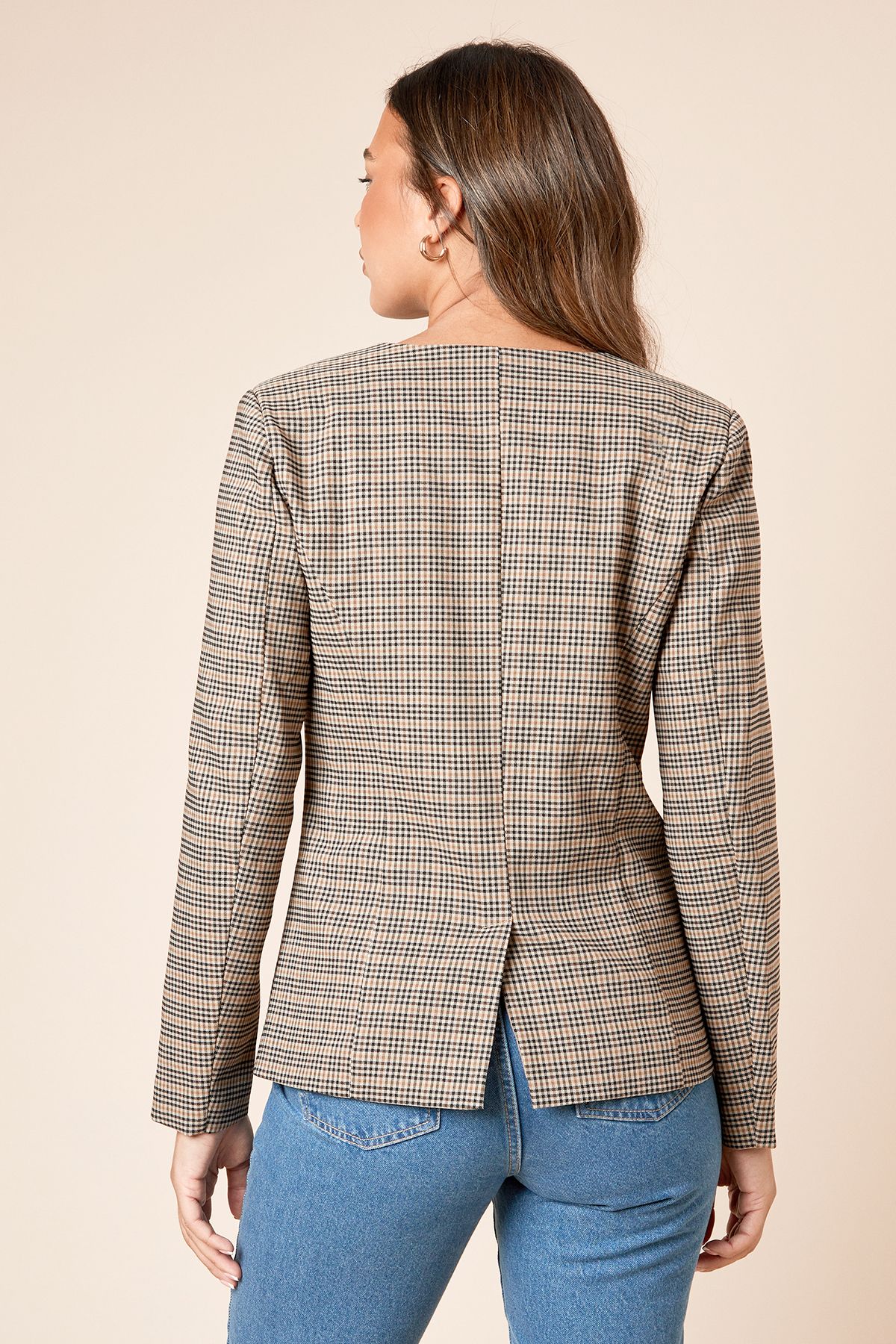 Dorothy Perkins Check Scoop Neck Blazer Dark Brown image 3