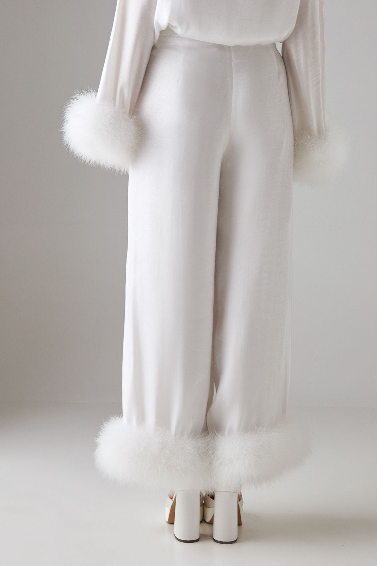 Warehouse Premium Iridescent Feather Cuff Wide Leg Trousers Ivory image 3