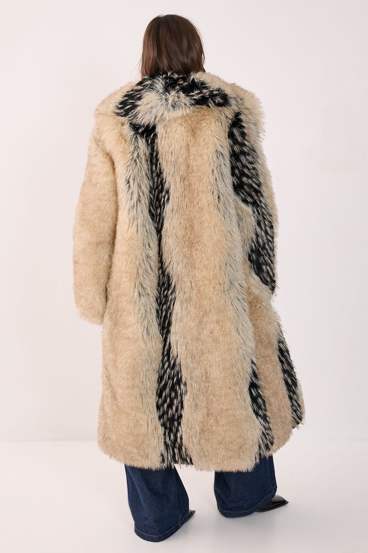 NastyGal Premium Stripe Faux Fur Longline Coat Brown image 4