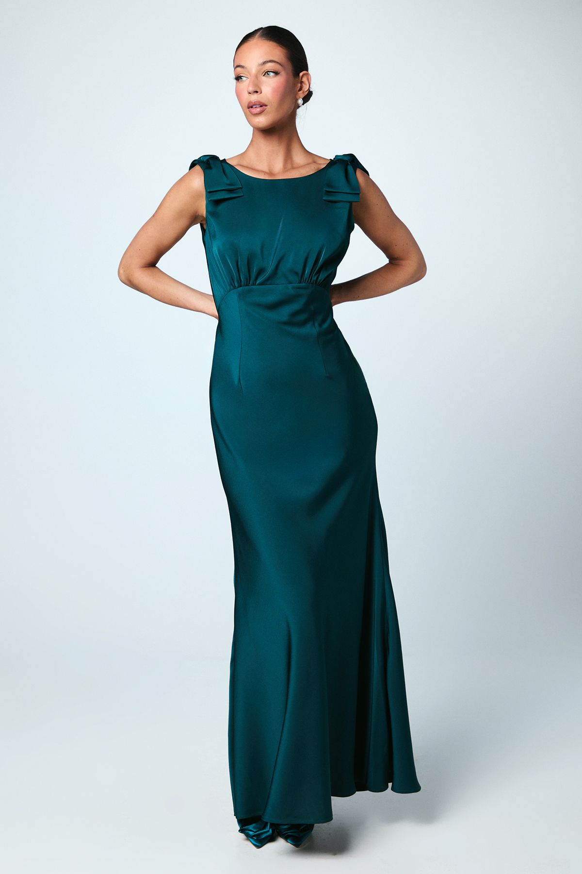 Coast Bow Shoulder Cowl Satin Maxi Bridesmaid Dress Emerald image 1