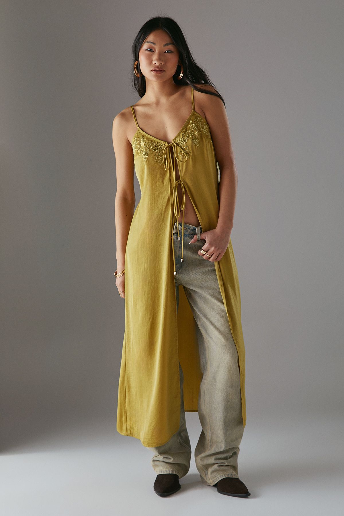 Warehouse Petite Metallic Embroidered Satin Maxi Cami Top Olive image 1