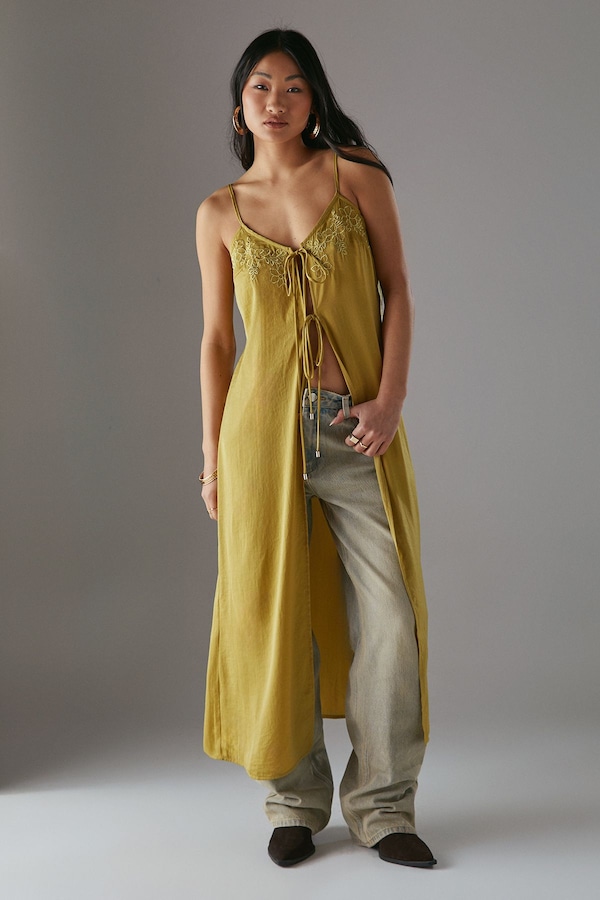 Warehouse Petite Metallic Embroidered Satin Maxi Cami Top Olive