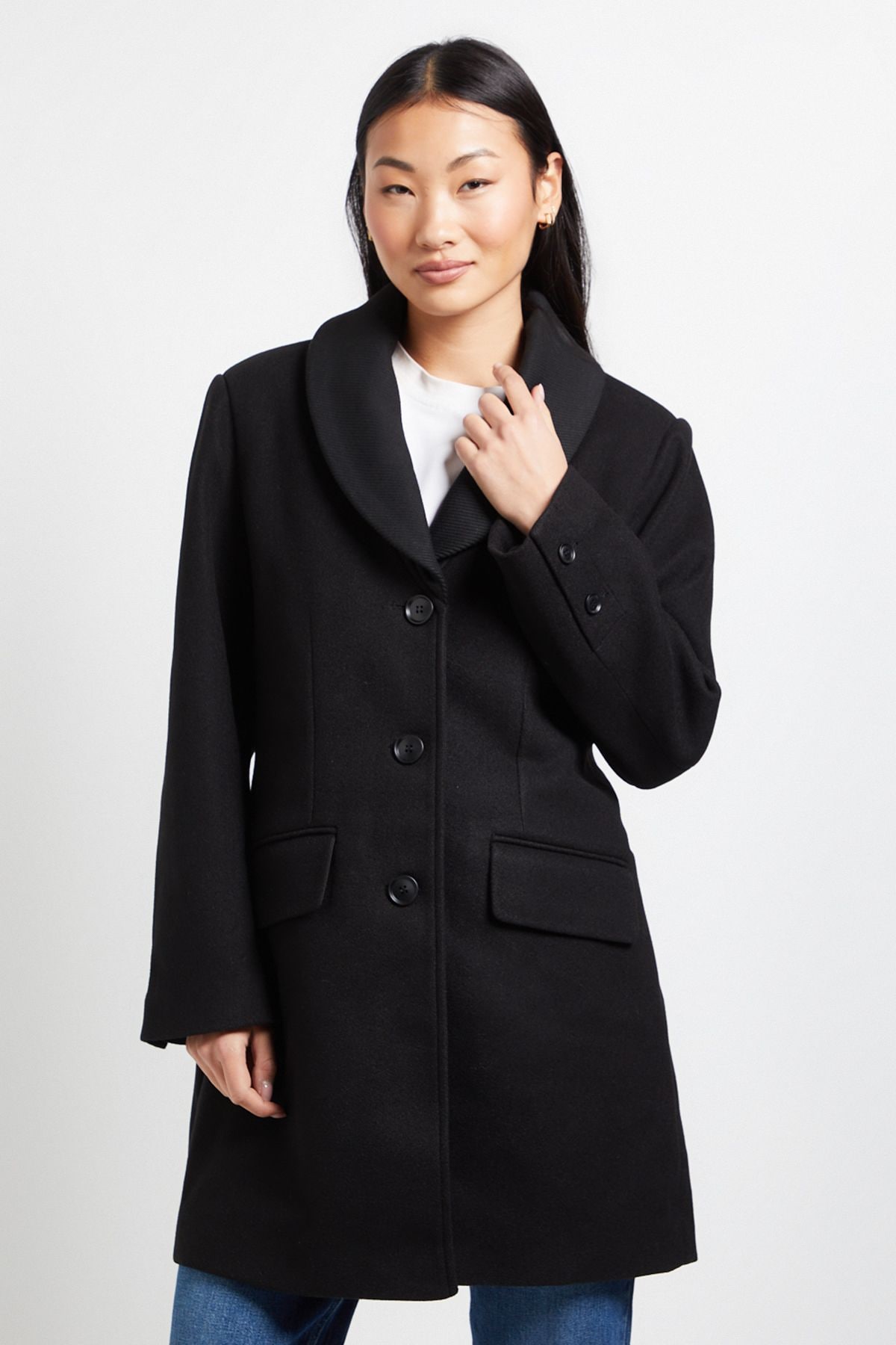 Dorothy Perkins Petite Funnel Collar Single Breasted Midi Coat Black image 2