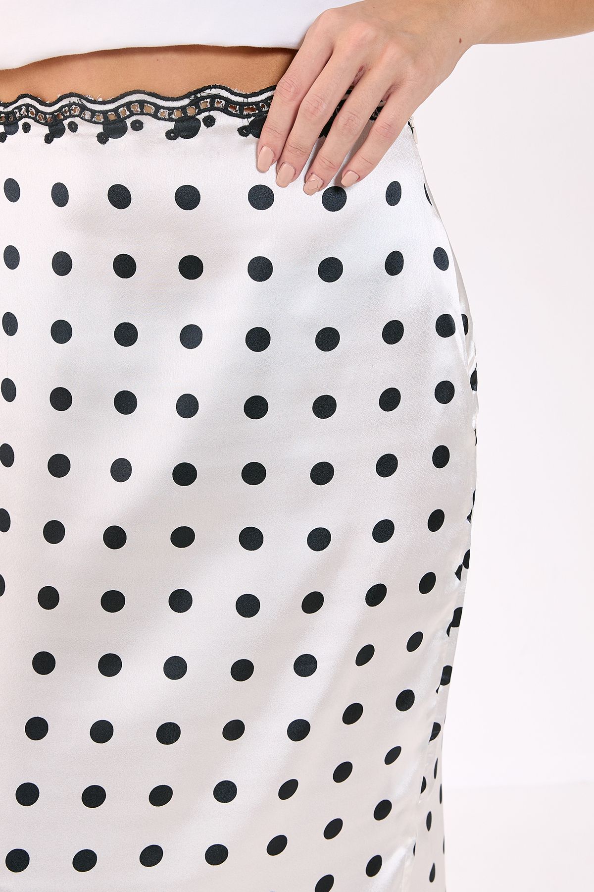 NastyGal Satin Polka Dot Embroidered Split Maxi Skirt Ecru image 4