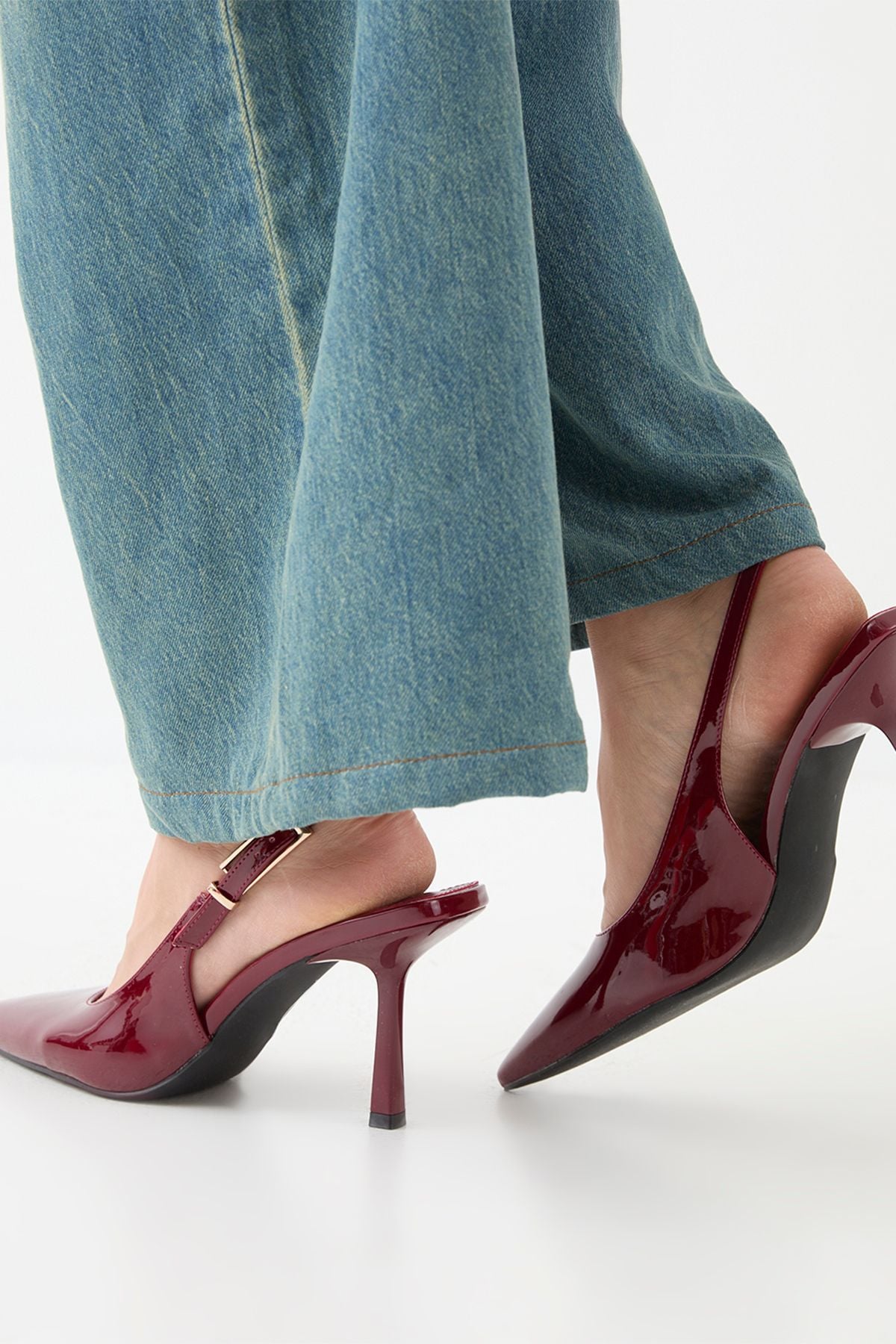 MissPap High Shine High Stiletto Heel Buckle Detail Slingback Court Shoes Burgundy image 3