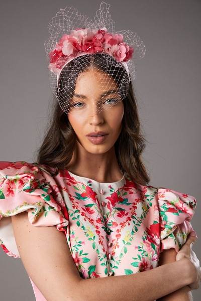 Coast Lisa Tan Floral And Netting Headband Coral