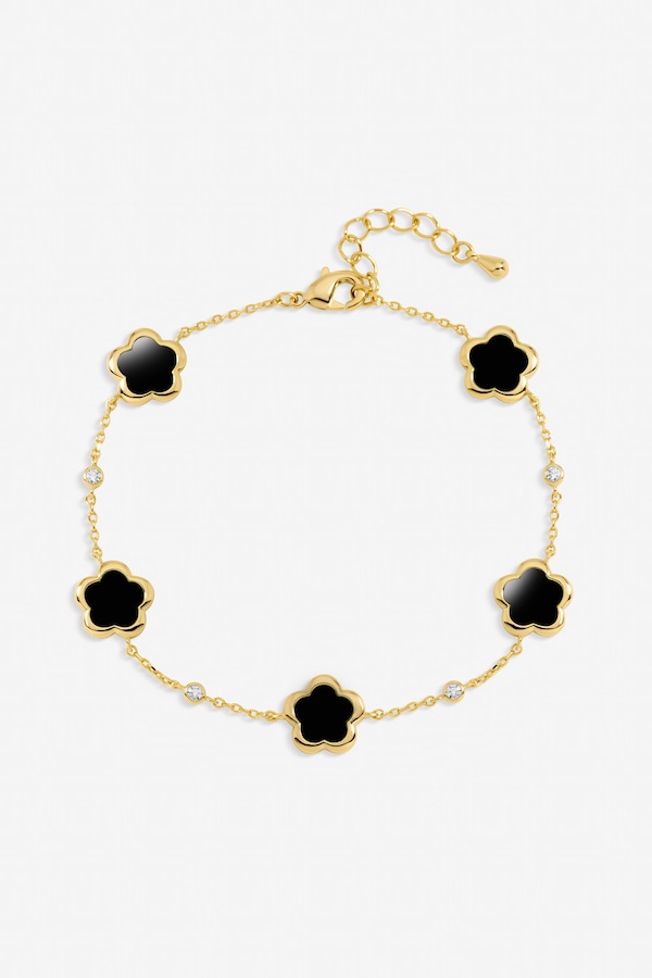 Inicio Gold Plated and Jet Flower Station Bracelet - Gift Pouch