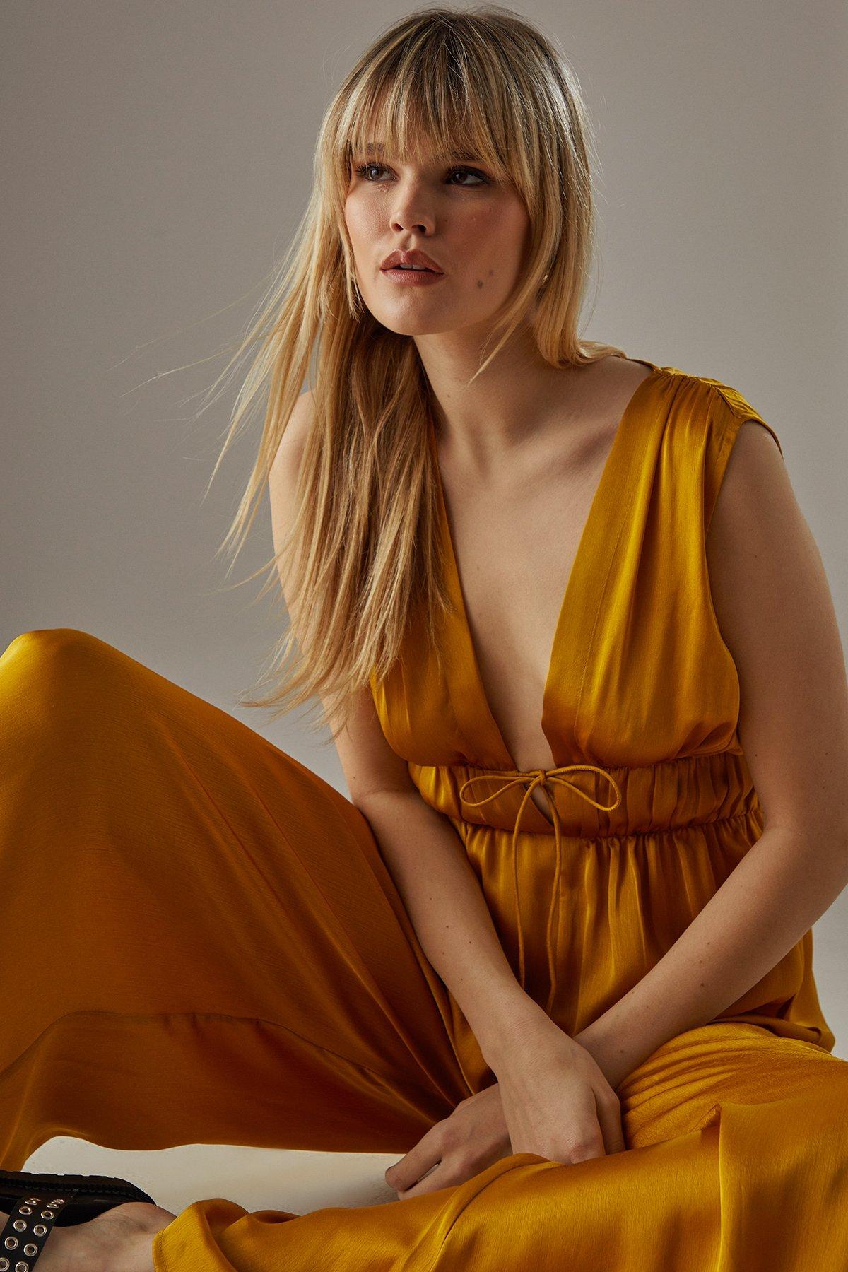 Warehouse Crinkle Satin Plunge Neck Tie Detail Jumpsuit Yellow image 2