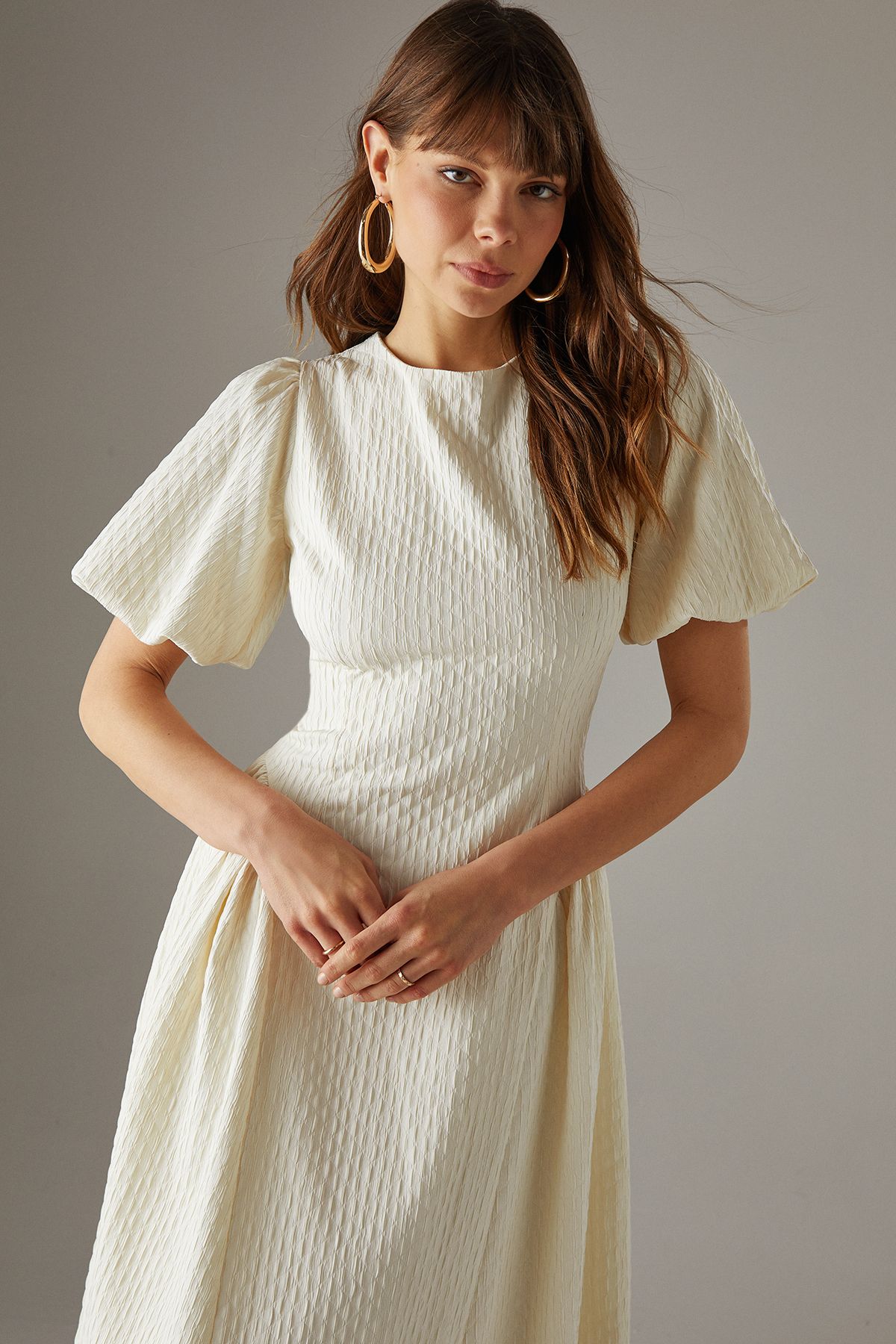 Warehouse Seersucker Organza Godet Side Puff Sleeve Midi Dress Cream image 2