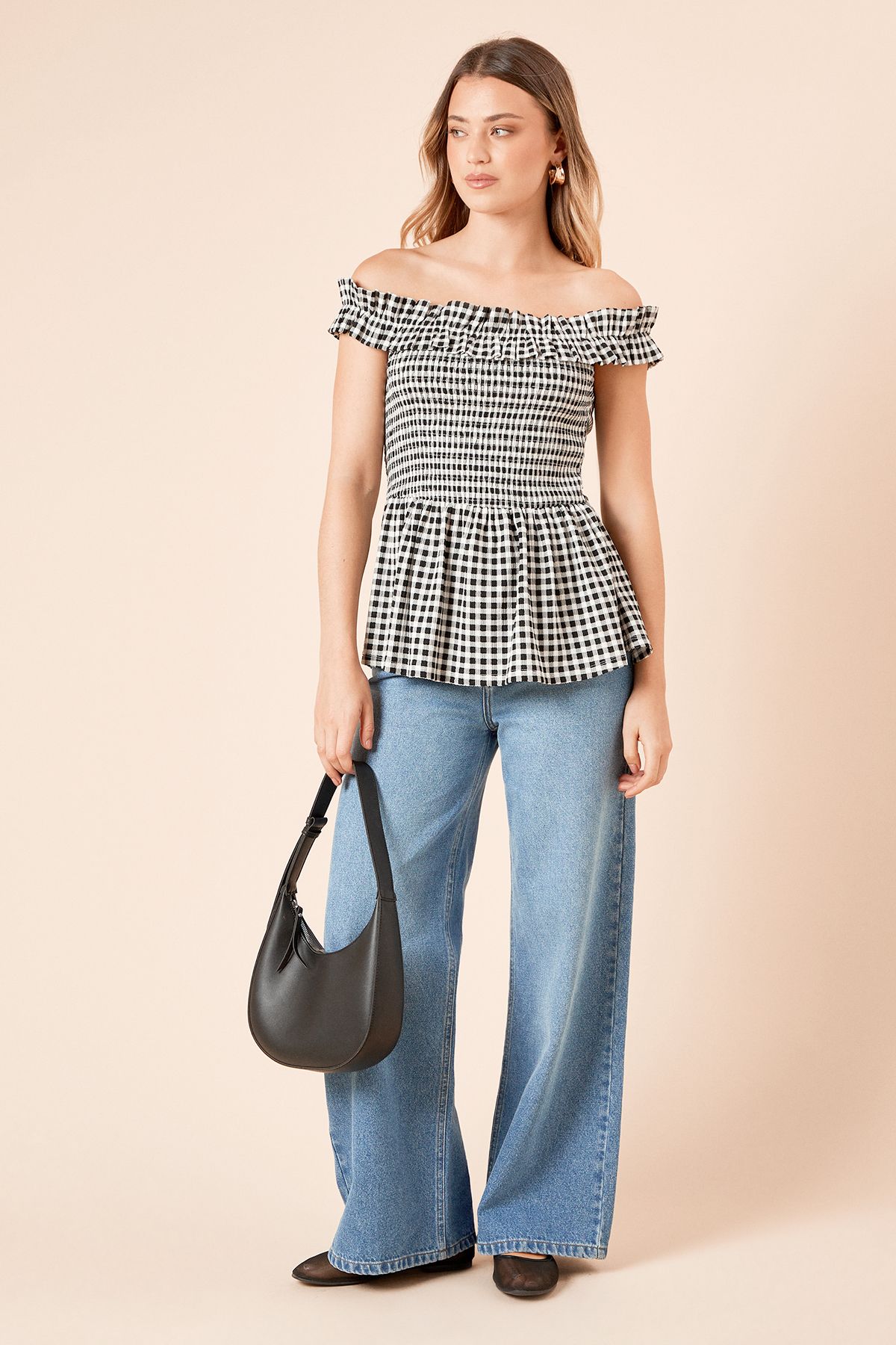 Dorothy Perkins Gingham Shirred Bodice Bardot Peplum Top Gingham
