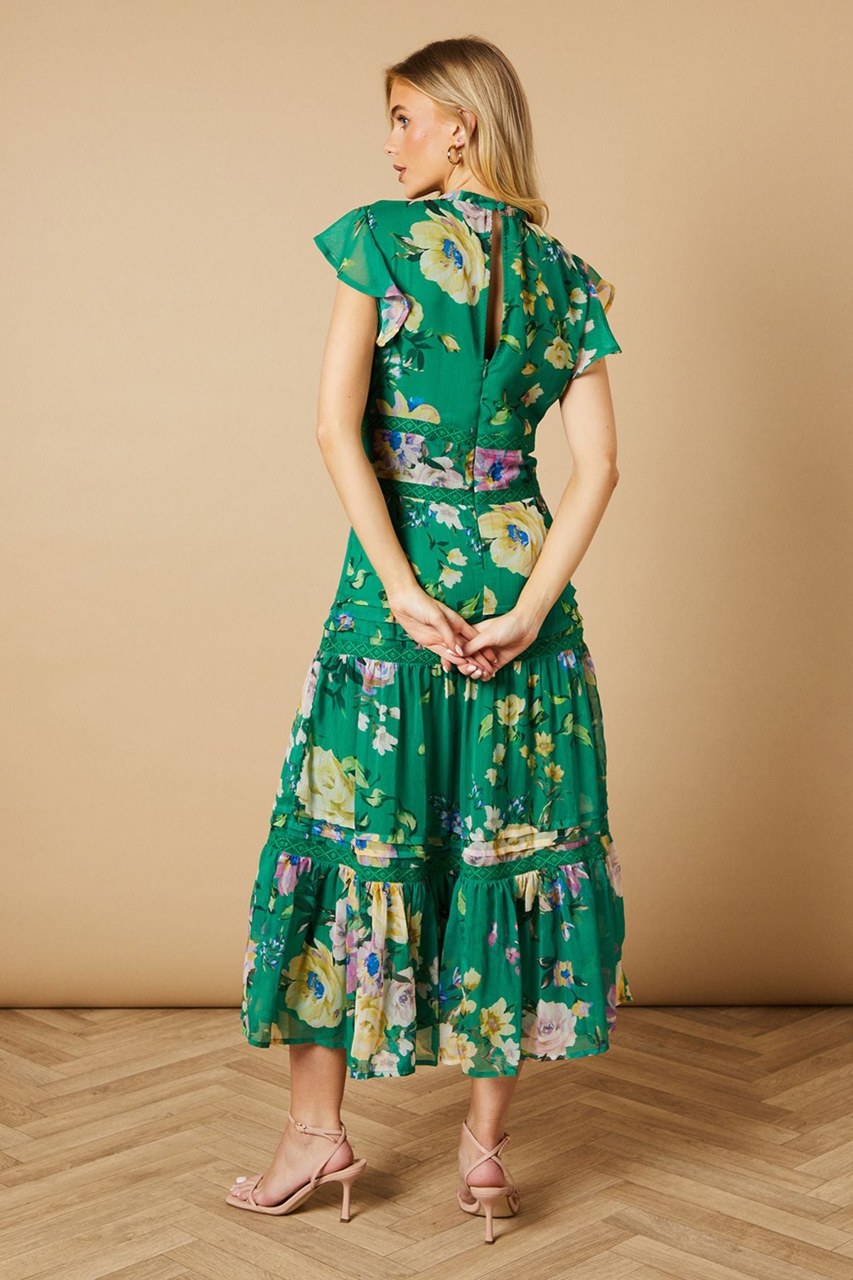 Oasis Floral Printed Chiffon Lace Insert Dress Green image 3