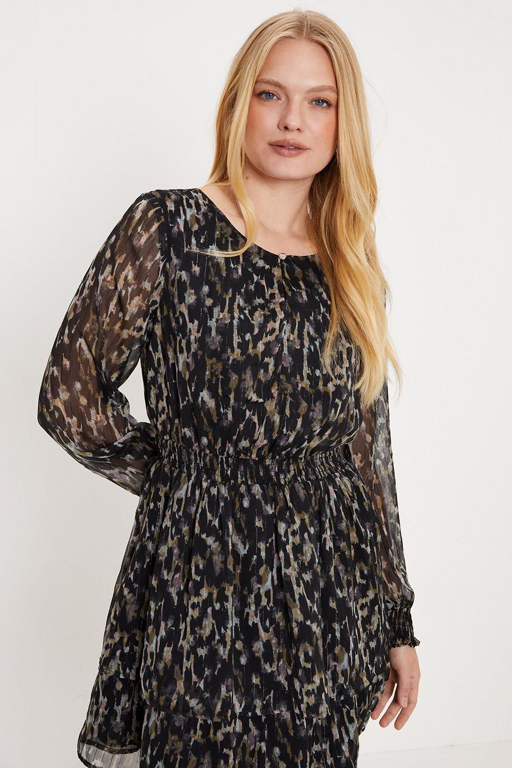 Oasis Animal Printed Key Hole Shirred Waist Mini Dress Brown image 2