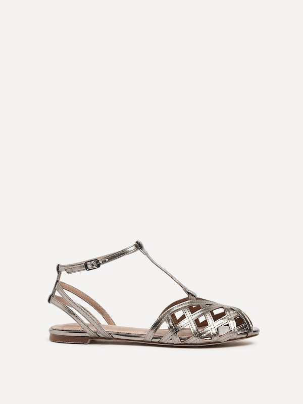 Linzi Santi Pewter Faux Leather Caged Flat Sandal