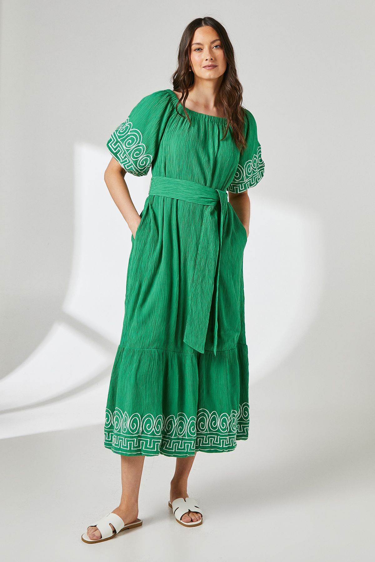 Principles Crinkle Viscose Bardot Bubble Hem Midaxi Dress Bright Green
