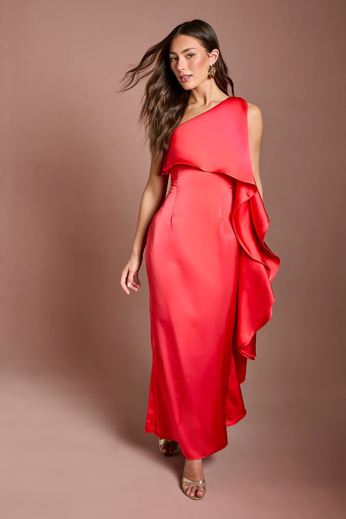 Coast Waterfall One Shoulder Satin Maxi Dress Coral