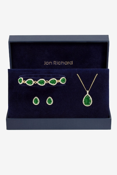 Jon Richard Gold Plated and Emerald Pear Drop Trio Set - Gift Box