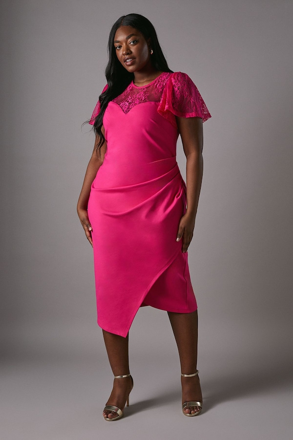 Coast Plus Short Sleeve Jersey Midi Dress With Lace Panel Pink