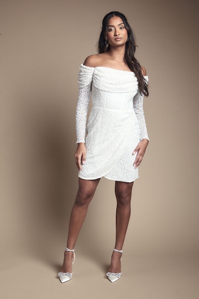 Coast Bardot Long Sleeve Wrap Skirt Mini Dress Ivory