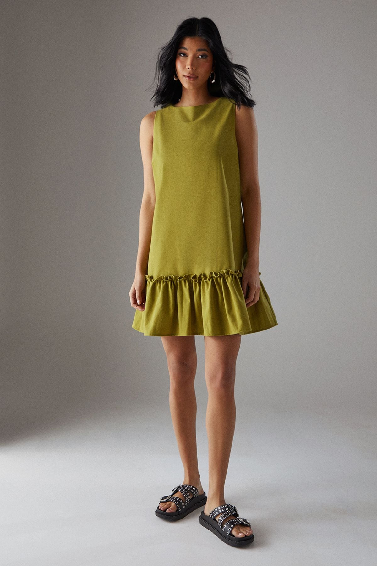 Warehouse Linen Blend Sleeveless Peplum Hem Mini Dress Olive