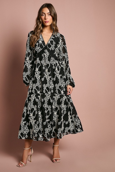 Coast Long Sleeve Broderie Floral Midaxi Dress Mono