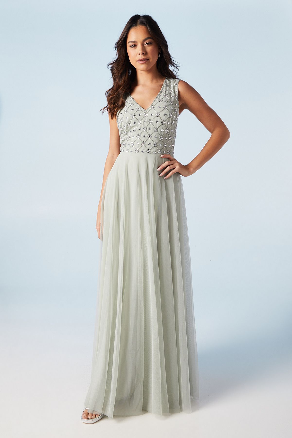 Coast Embellished V Neck Two In One Bridesmaid Dress Sage image 1