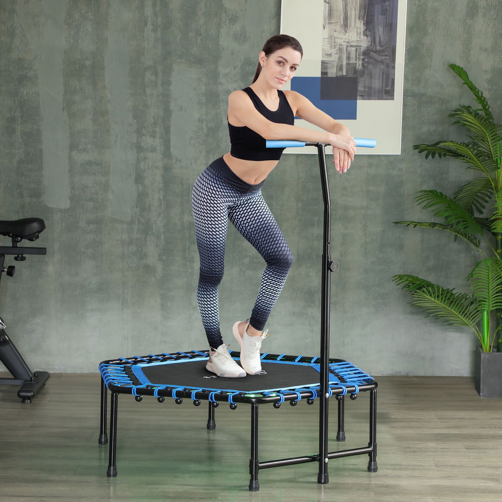 SPORTNOW 45" Fitness Trampoline with Adjustable Handle, LED Lights, Blue image 1
