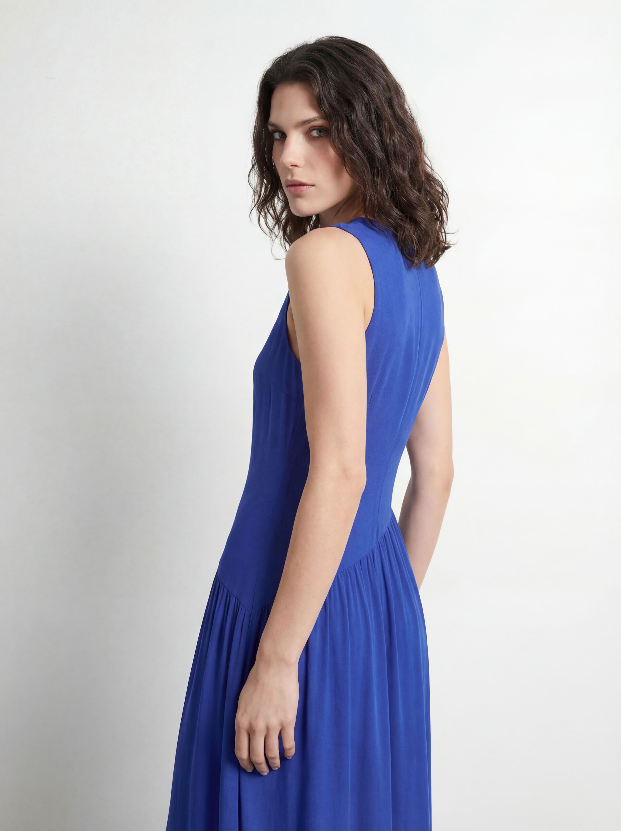 Warehouse Petite Plain Dropped Waist Chiffon Tiered Maxi Dress Cobalt image 2