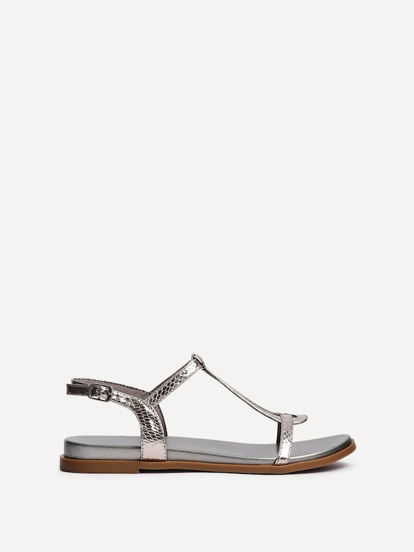 Linzi Saylor Pewter Faux Leather Textured T-Bar Sandals