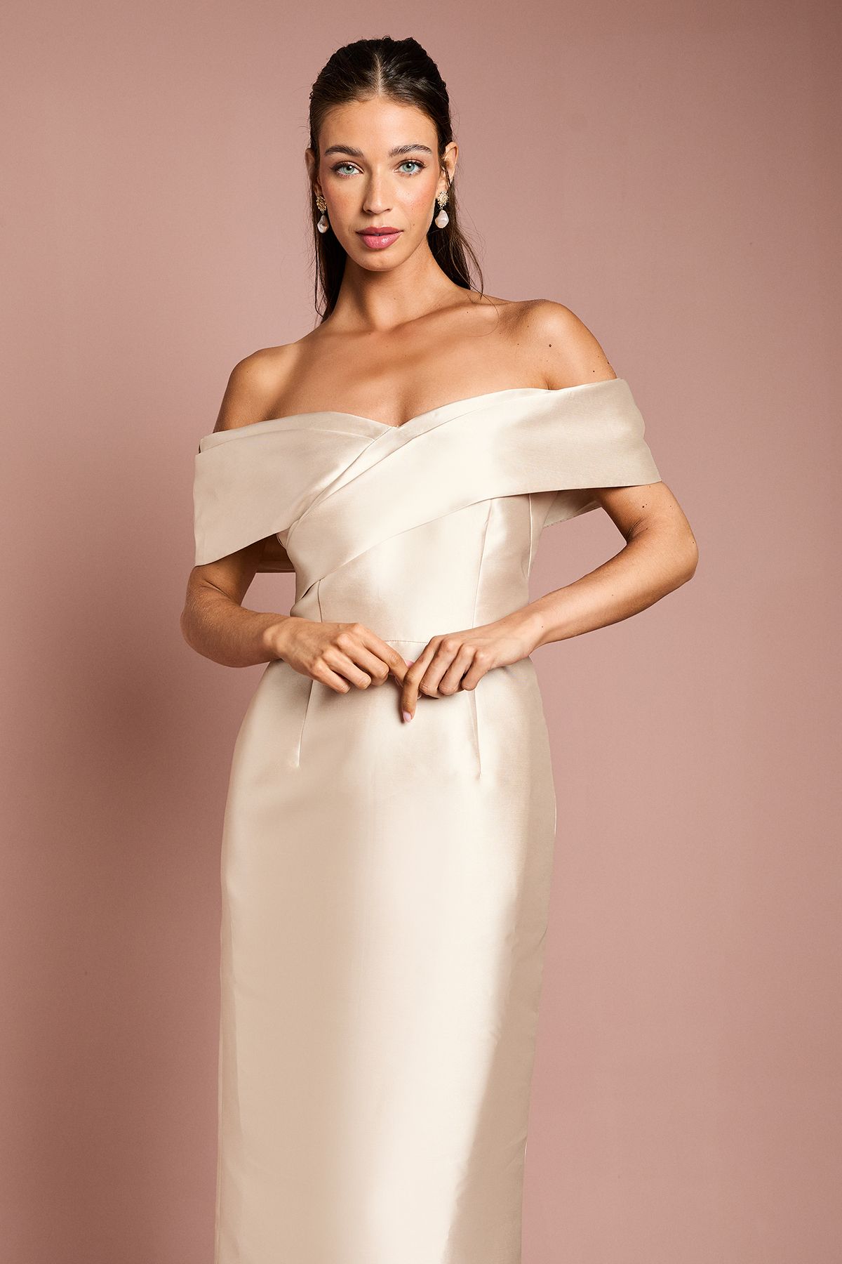 Coast Twill Bardot Pleat Detail Column Detail Maxi Bridesmaid Dress Champagne image 2