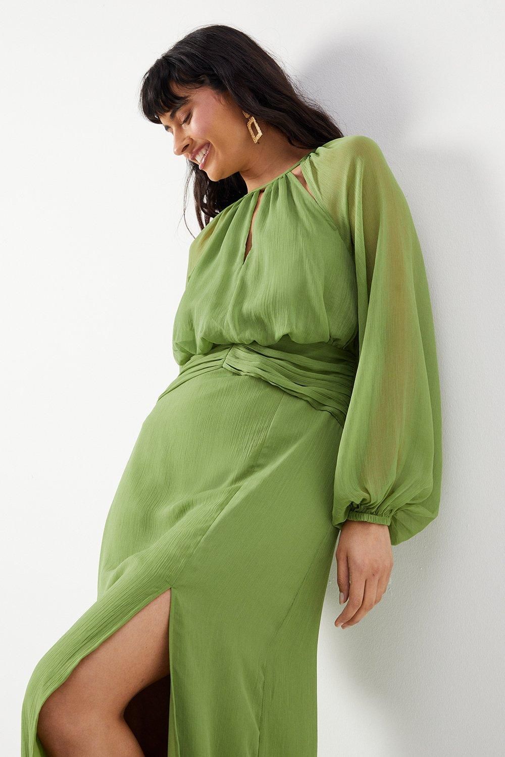 Warehouse Chiffon Cut Out Detail Volume Sleeve Maxi Dress Olive image 4