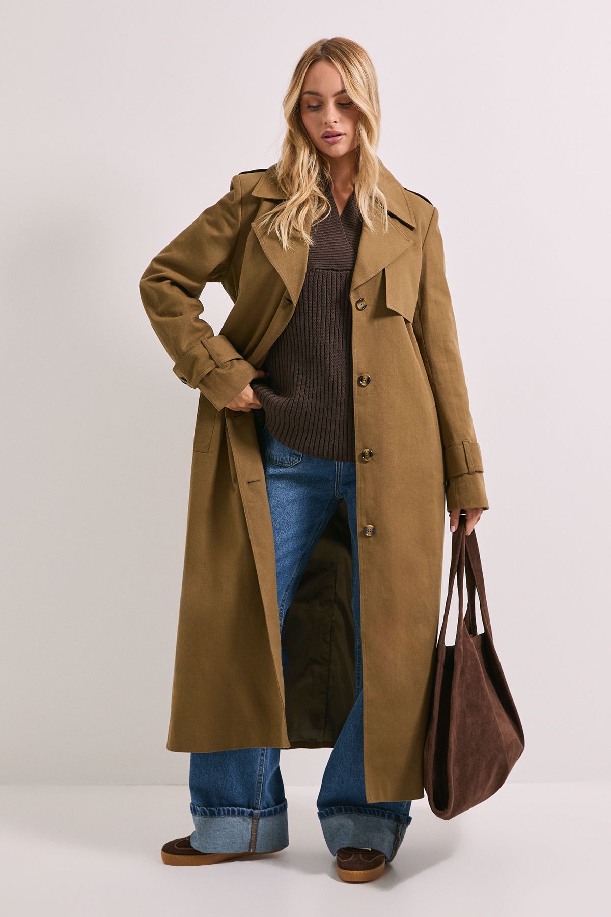 Dorothy Perkins Cuff Detail Belted Coat Khaki image 1