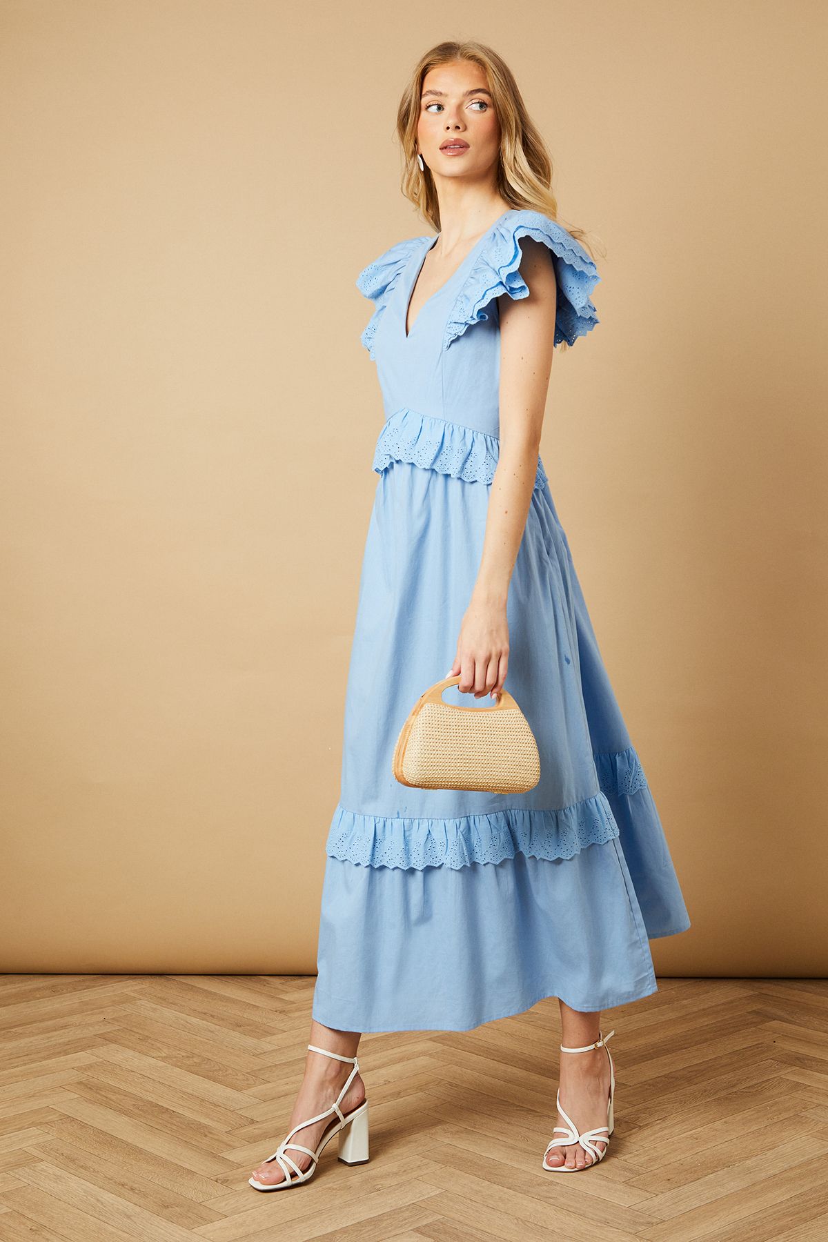 Oasis Broderie Panel Ruffle Maxi Dress Pale Blue