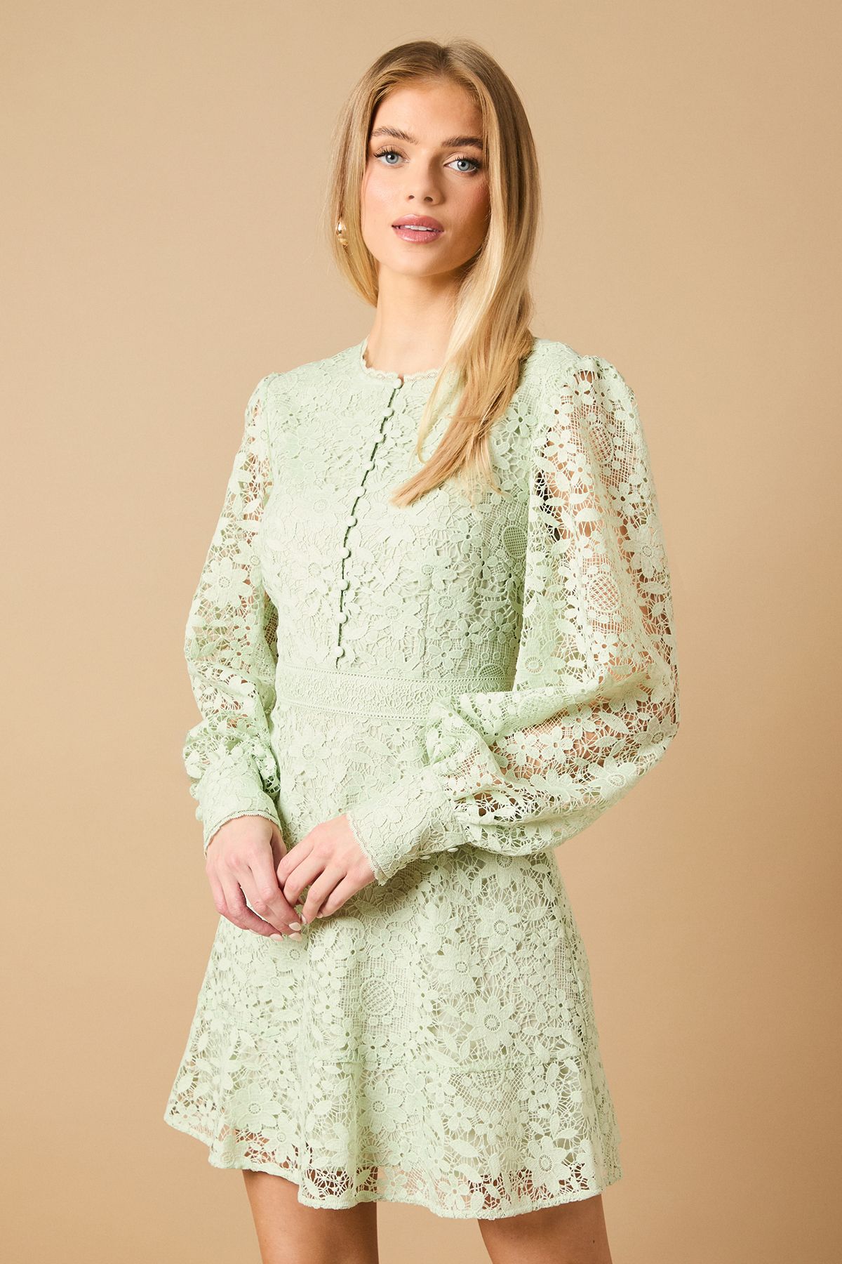 Oasis Lace Button Down Mini Tea Dress Sage image 2