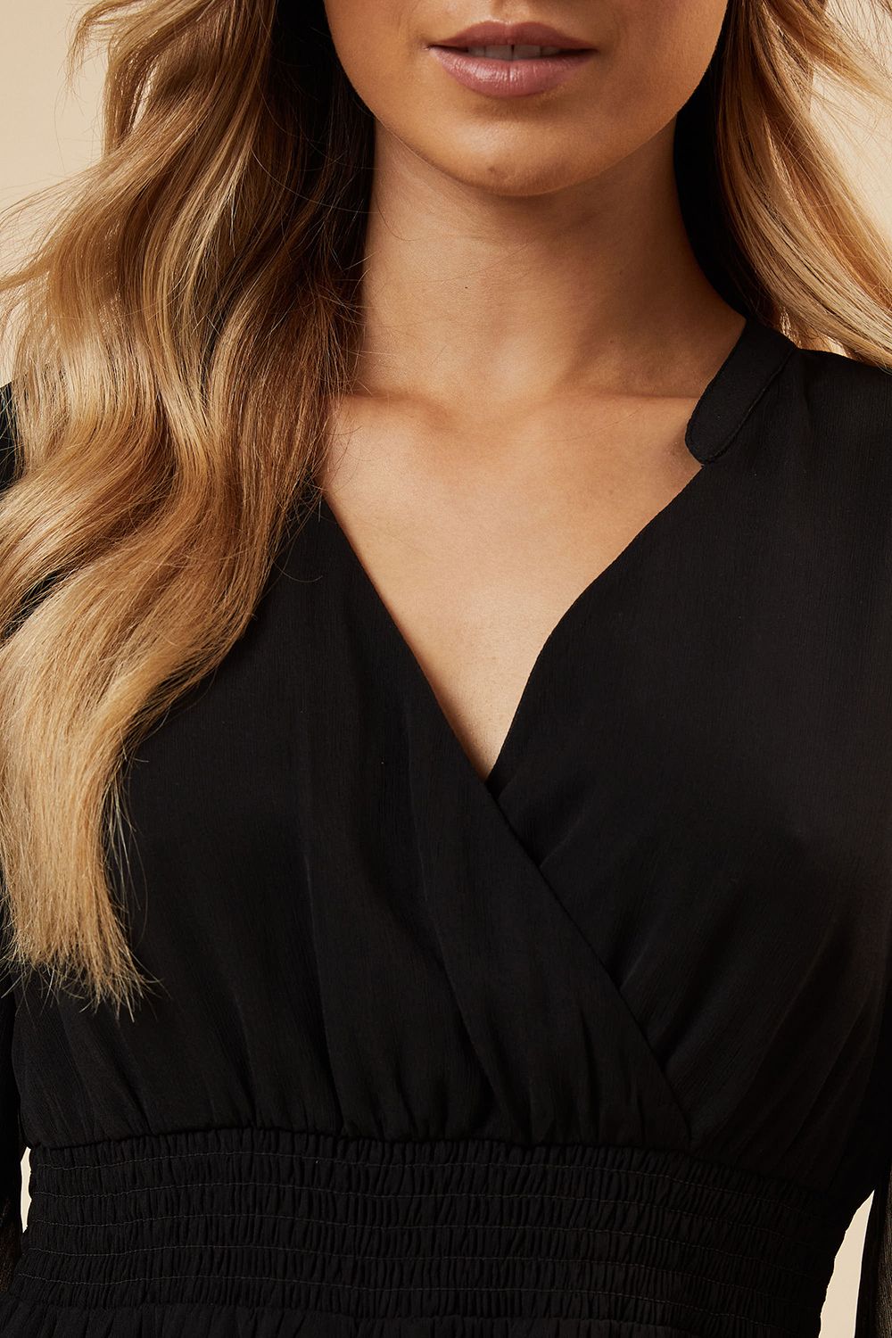 Dorothy Perkins Black Chiffon Long Sleeve Shirred Waist Mini Dress Black image 5