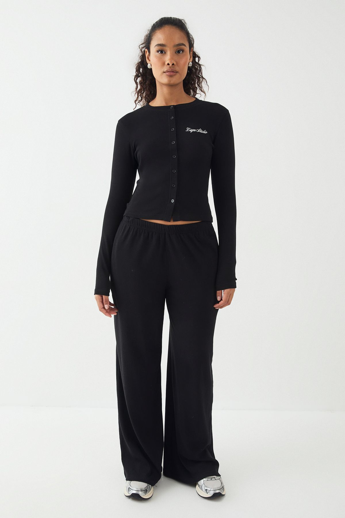 DSGN Studio DSGN Studio Ribbed Script Embroidery Button Through Long Sleeve Top Black image 5