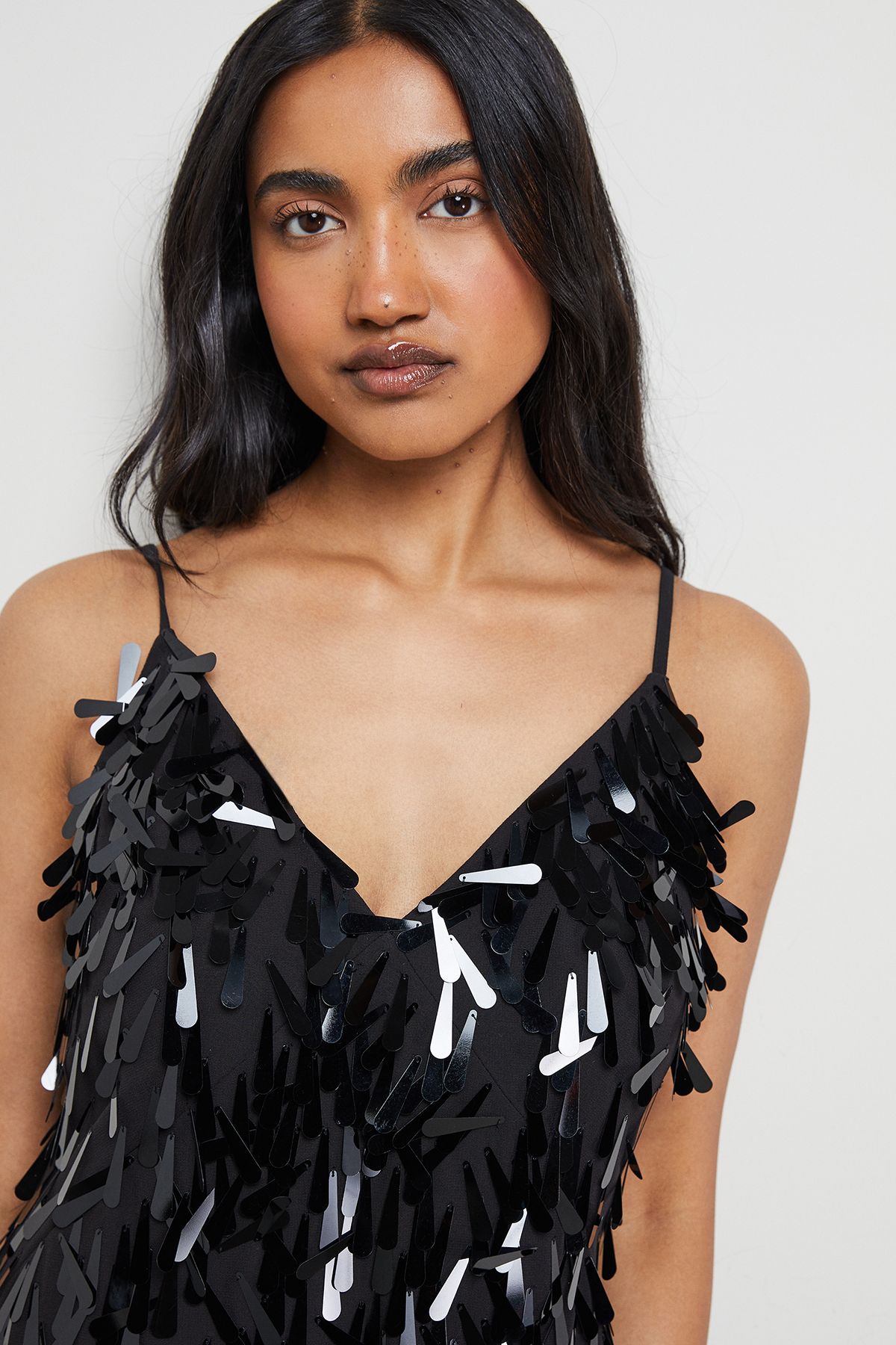 Warehouse Premium Teardrop Embellished Bias Cut Midi Dress Black image 4