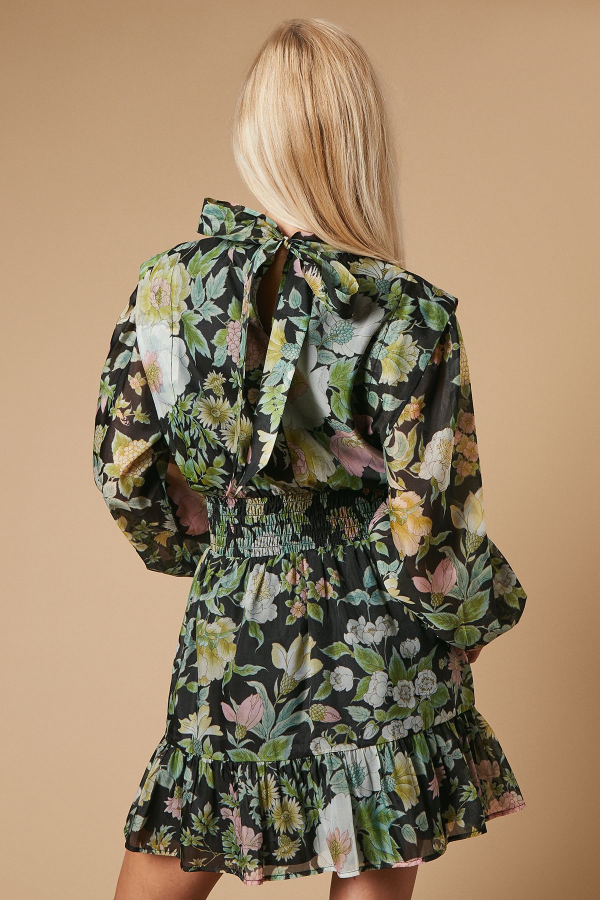 Oasis Floral Organza Shirred Waist Tie Back Mini Dress Black image 3