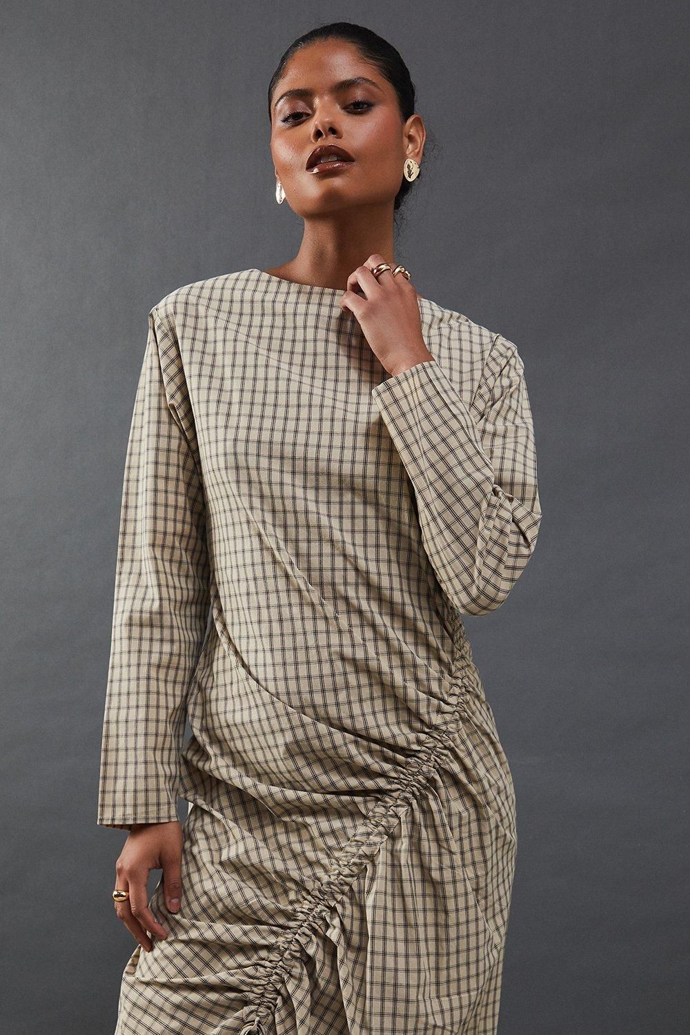 Warehouse Check Batwing Channel Detail Midi Dress Beige image 4