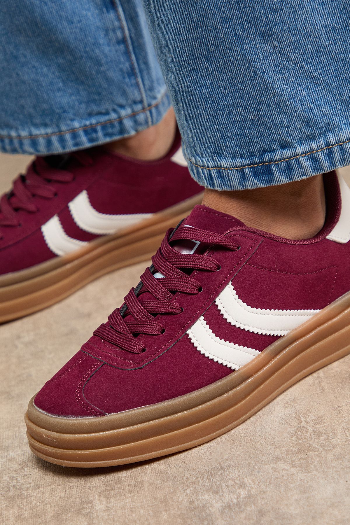 Oasis Lorina Faux Suede Lace Up Platform Trainers Burgundy image 3