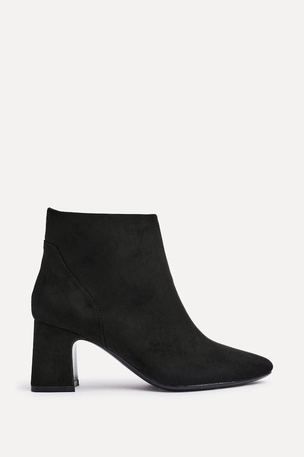 Linzi Cove Black Faux Suede Soft Square Toe Block Heel Ankle Boot