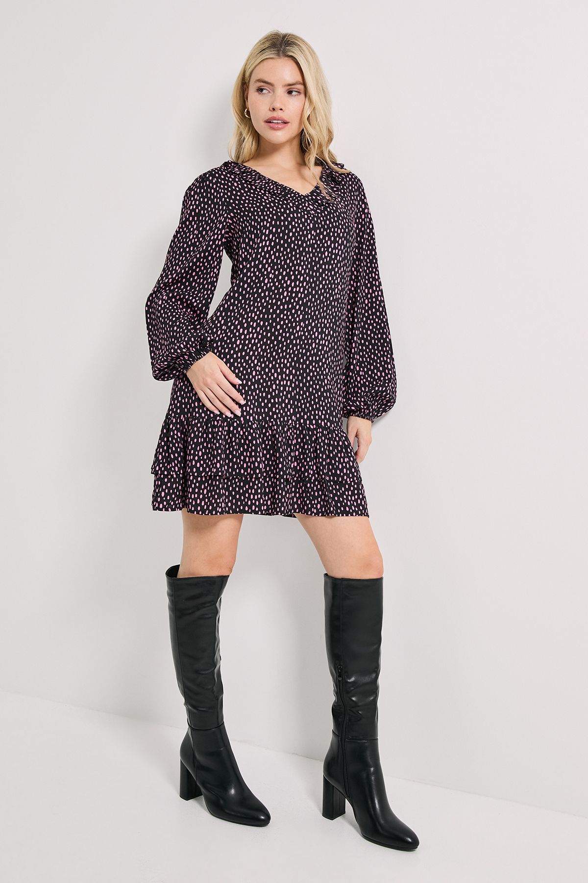 Dorothy Perkins Purple Spot Collar Detail Blouson Sleeve Tiered Mini Dress Purple