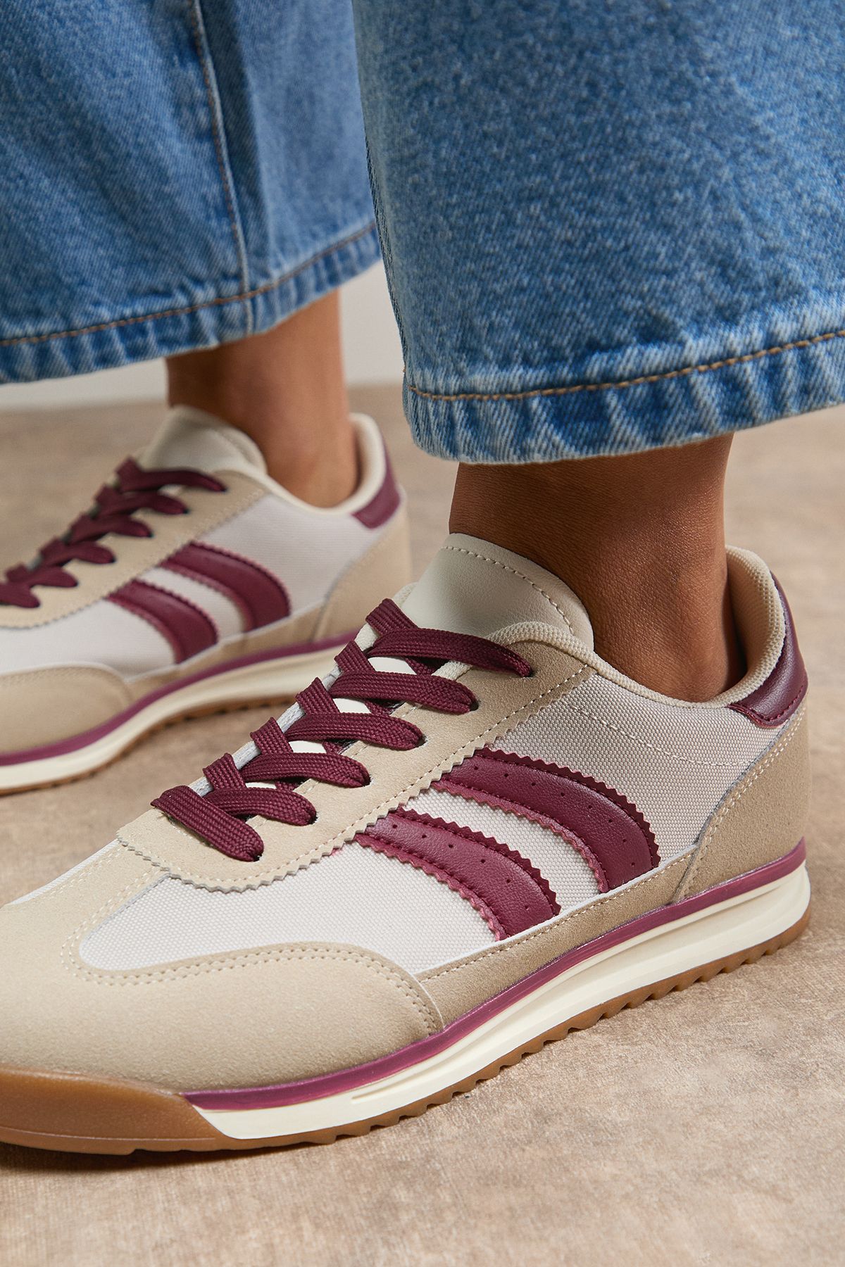 Oasis Clarissa Mixed Material Lace Up Trainers Burgundy image 3