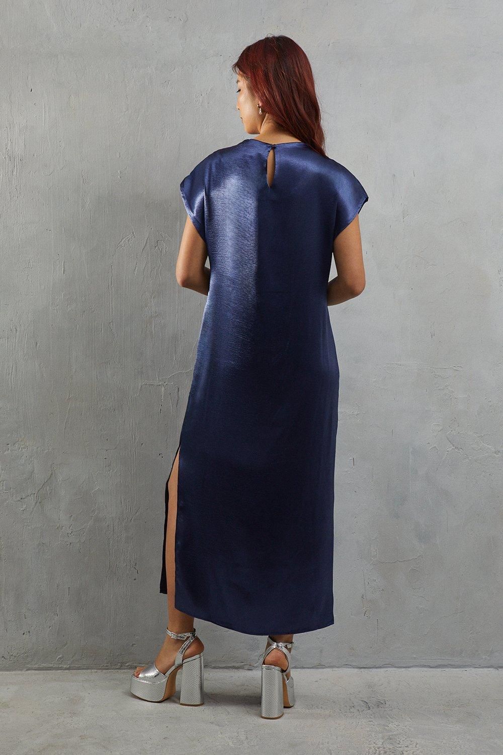 Warehouse High Shine Metallic Grown On Sleeve Midi Dress Navy image 3