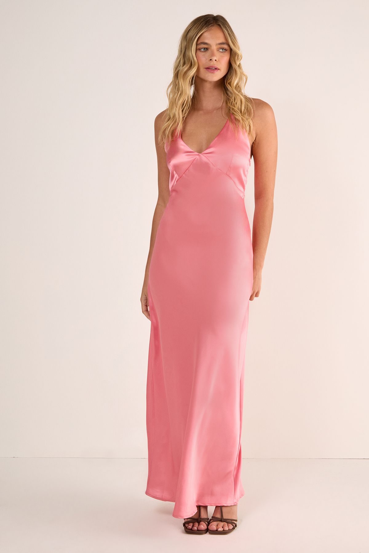 NastyGal Satin Plunge Seam Detail Strappy Maxi Slip Dress Coral image 1