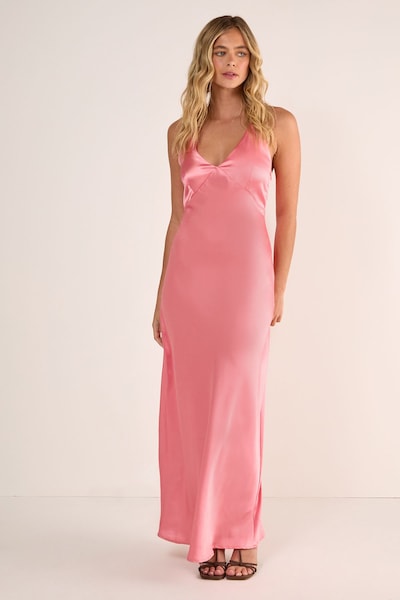 NastyGal Satin Plunge Seam Detail Strappy Maxi Slip Dress Coral