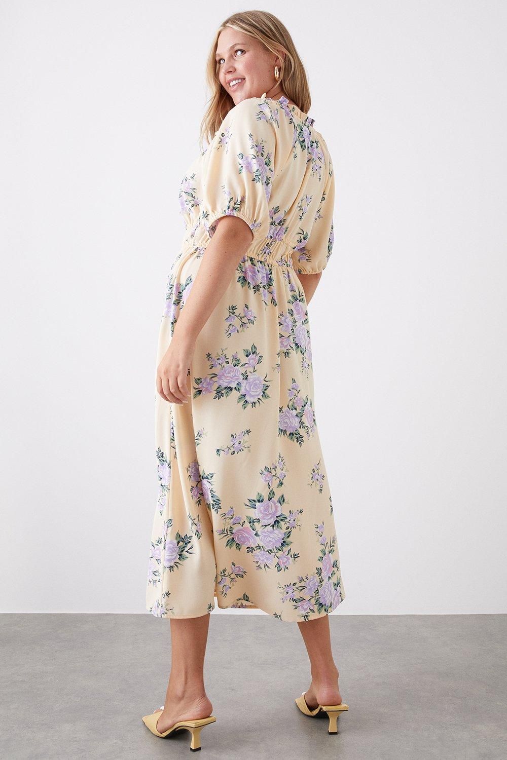 Dorothy Perkins Curve Purple Floral Ruched Waist Wrap Front Midi Dress Purple image 3