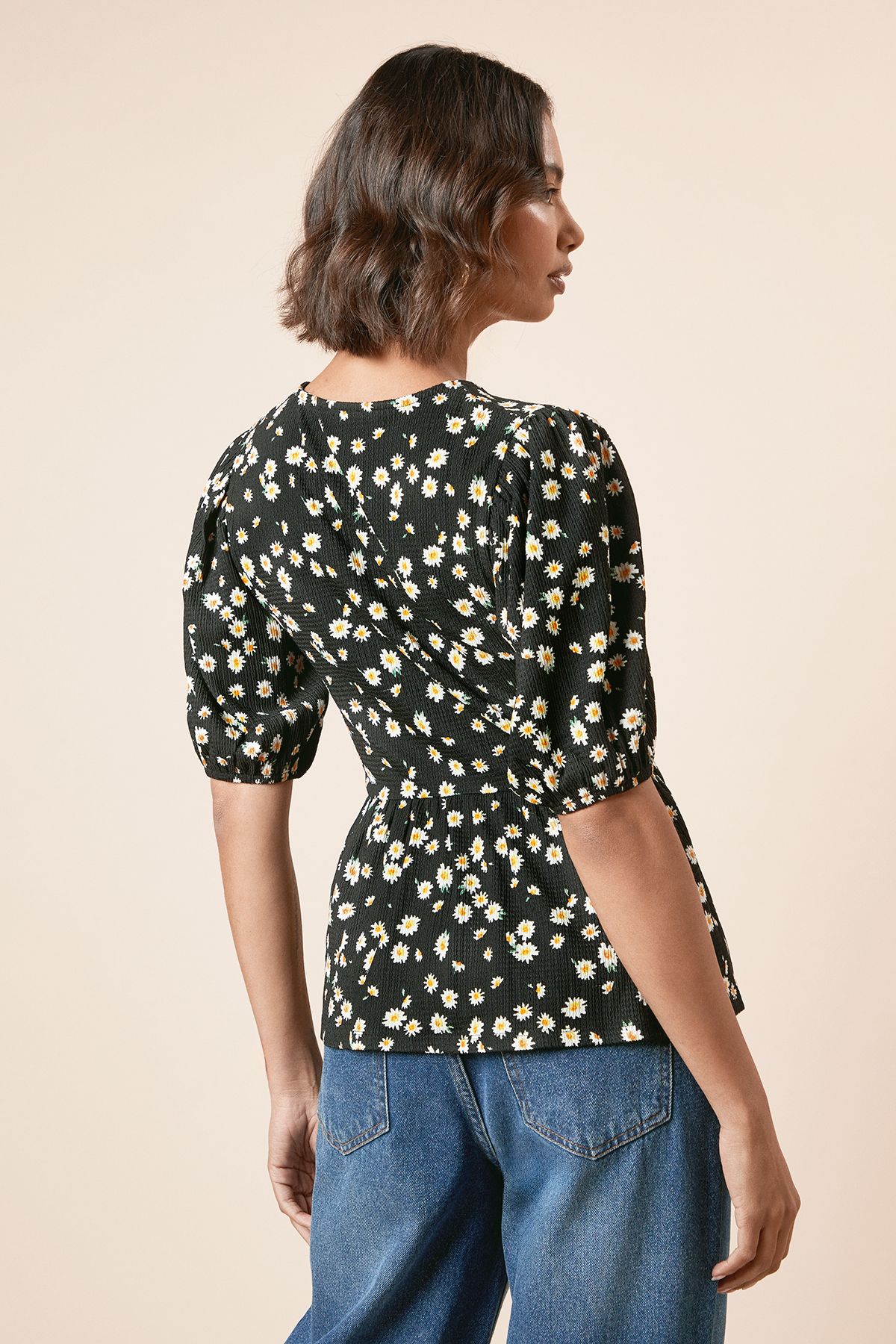 Dorothy Perkins Floral Bow Tie Front Puff Sleeve Jersey Top Mono image 5