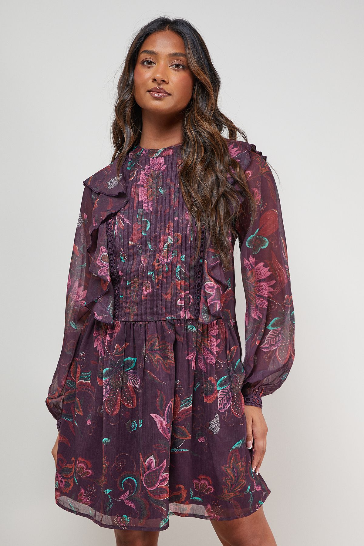 Oasis Printed Frill Detail Chiffon Mini Dress Multi