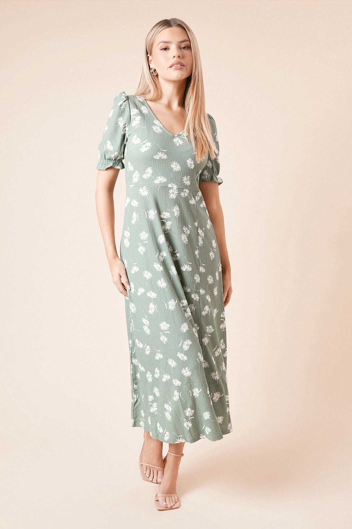 Dorothy Perkins Khaki Ditsy Print Short Sleeve Jersey Midi Dress Khaki
